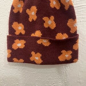 Floral Knit Beanie - Purple/Brownish and Orange